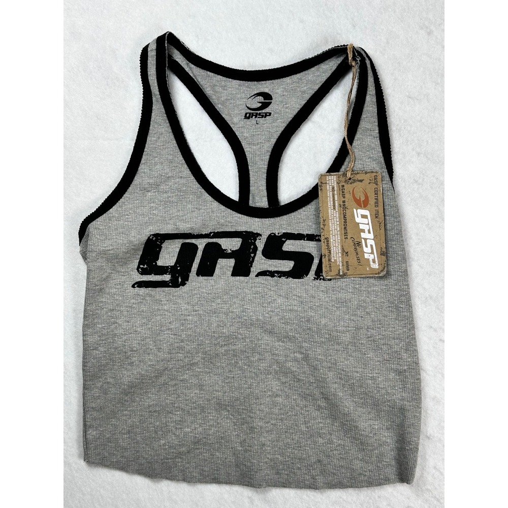 GASP Rib Crop Women's T-Back Tank Top Light Grey Melange Distressed Logo Large